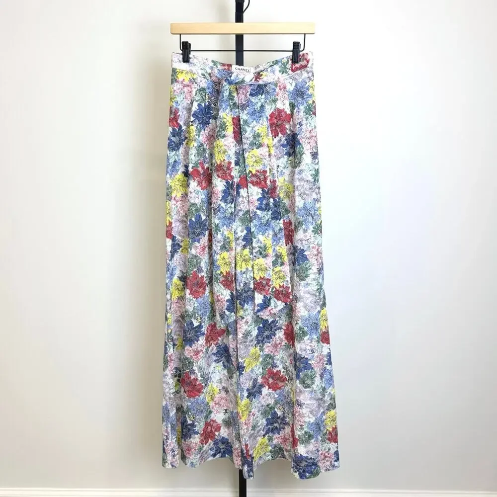 CHANEL Multicolor Floral Lace Front Tie Wide Leg Pants 36 CC Logo Zip Colorful